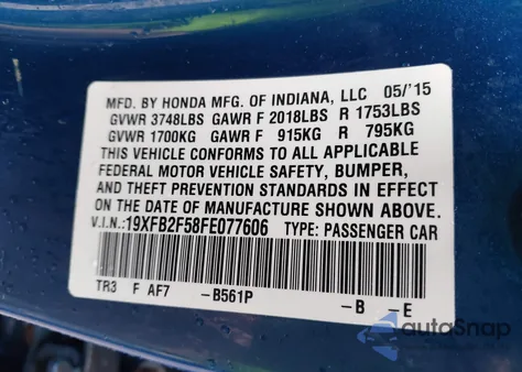 2015 Honda Civic Lx from USA, damaged, VIN 19XFB2F58FE077606